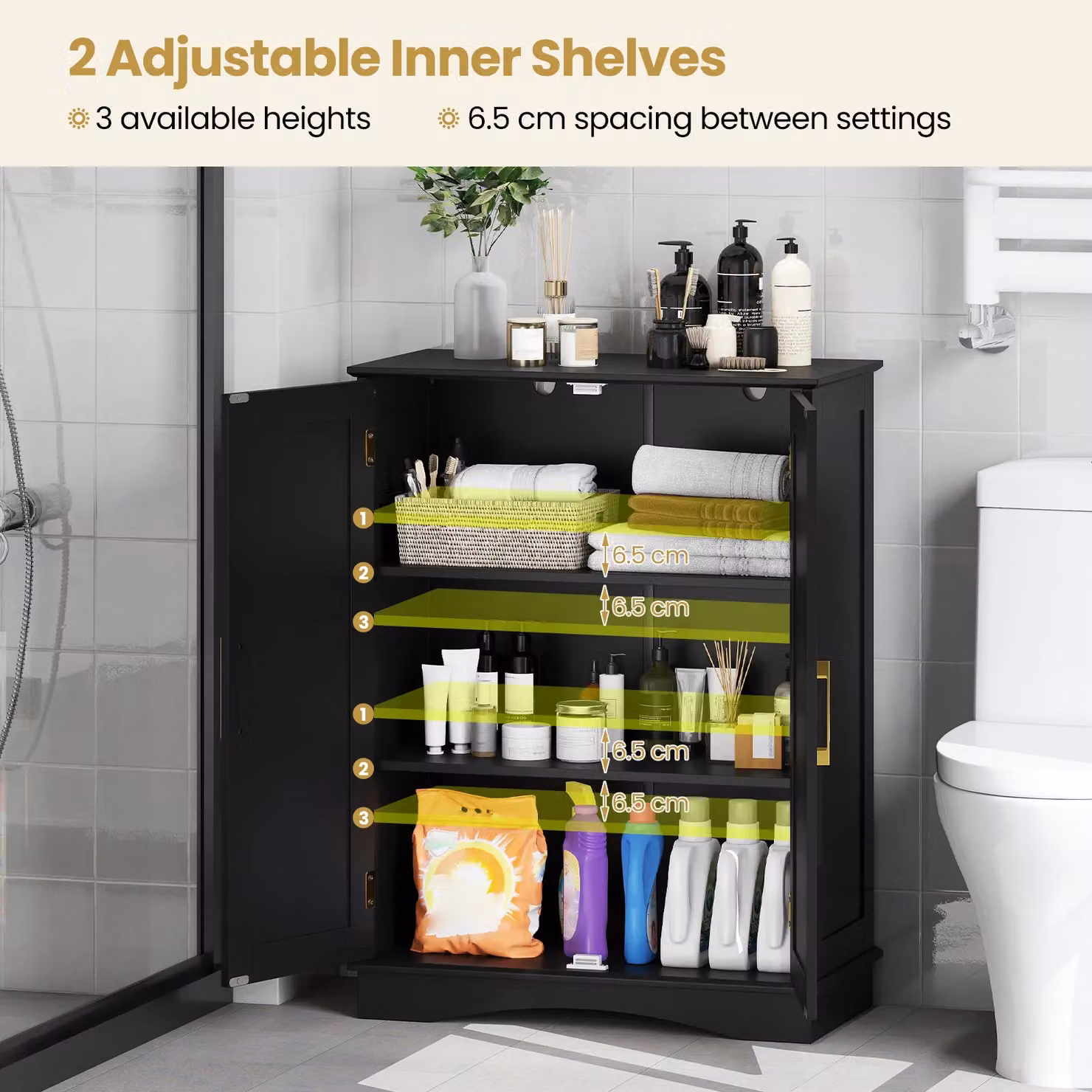Costway Modern Black and Gold Bathroom Floor Storage Cabinet with Hinged Doors and Internal Shelves, Width: 80 cm – 9