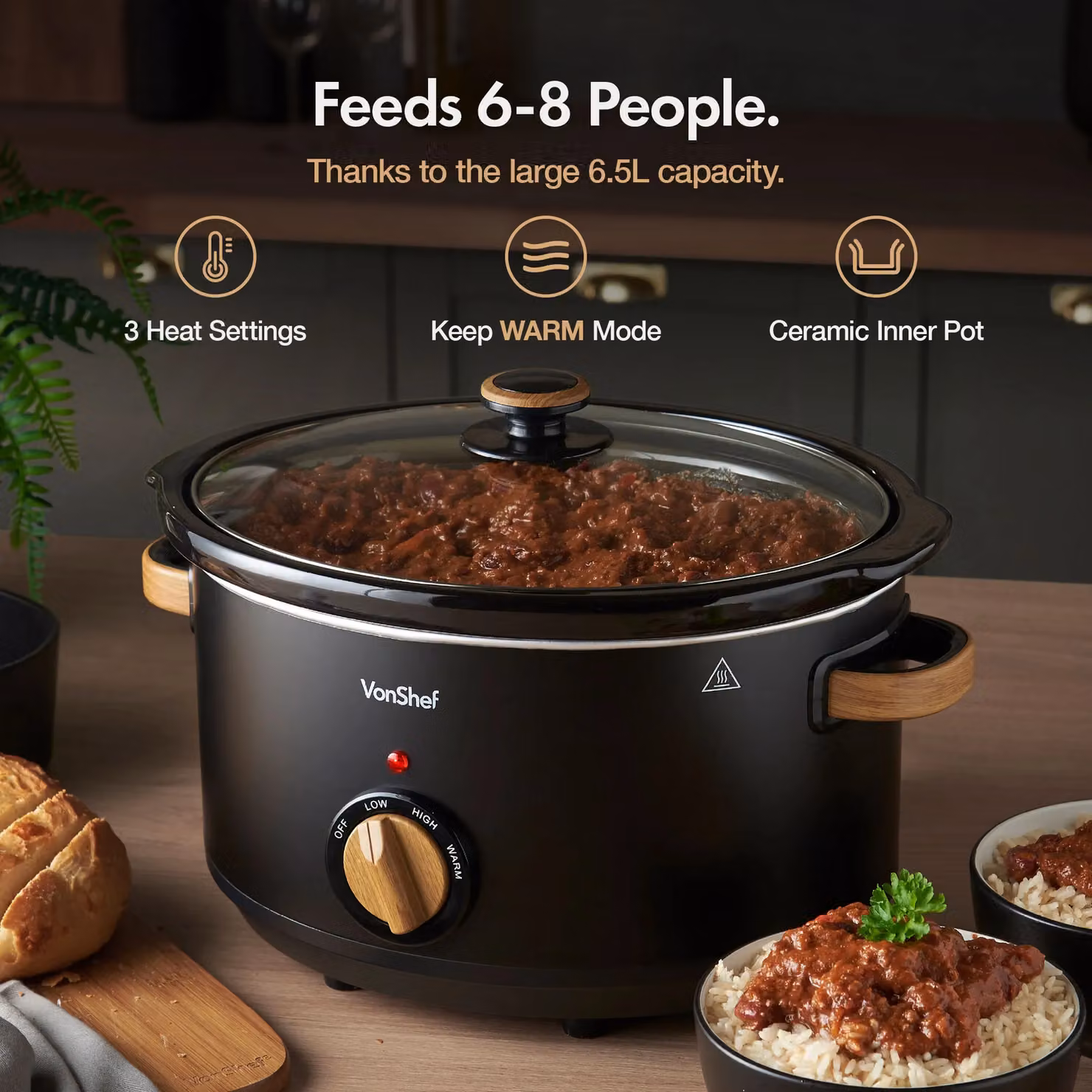 VonShef Fika 6.5L Slow Cooker in Black – 2