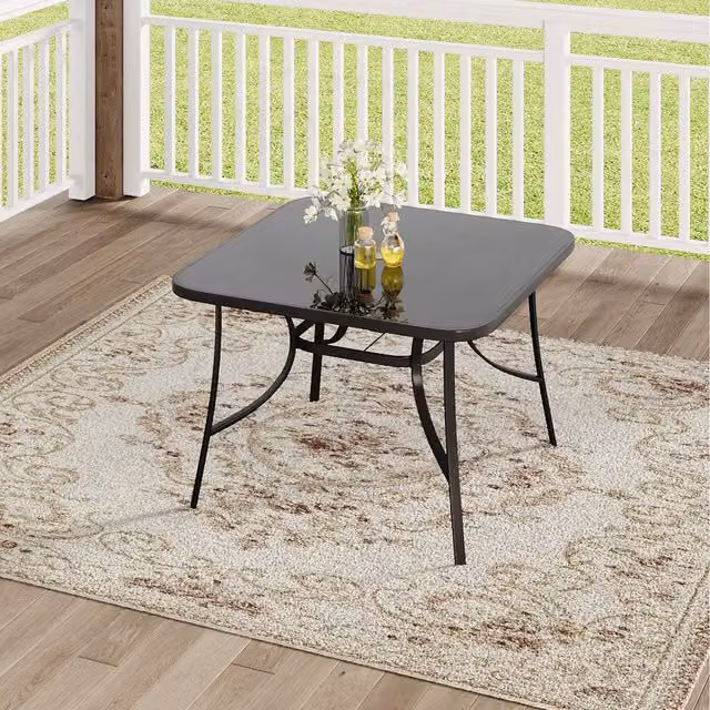 Komore Black Rustic Square Outdoor Tempered Glass Table with Parasol Hole