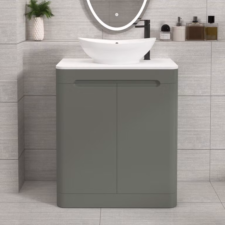 Royal Bathrooms Venice 700mm Sage Green Floor Standing 2 Door Vanity Unit with Plain White Worktop and Amaze Basin