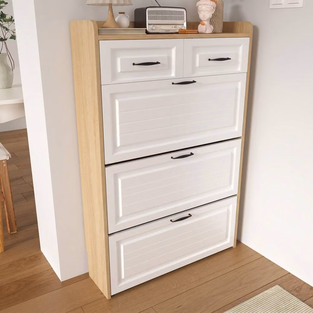 ModernLuxe Shoe Storage Cabinet in Beige with 3 Tilting Doors and Internal Shelves, W/D/H: 80 x 23.5 x 131 cm – 4