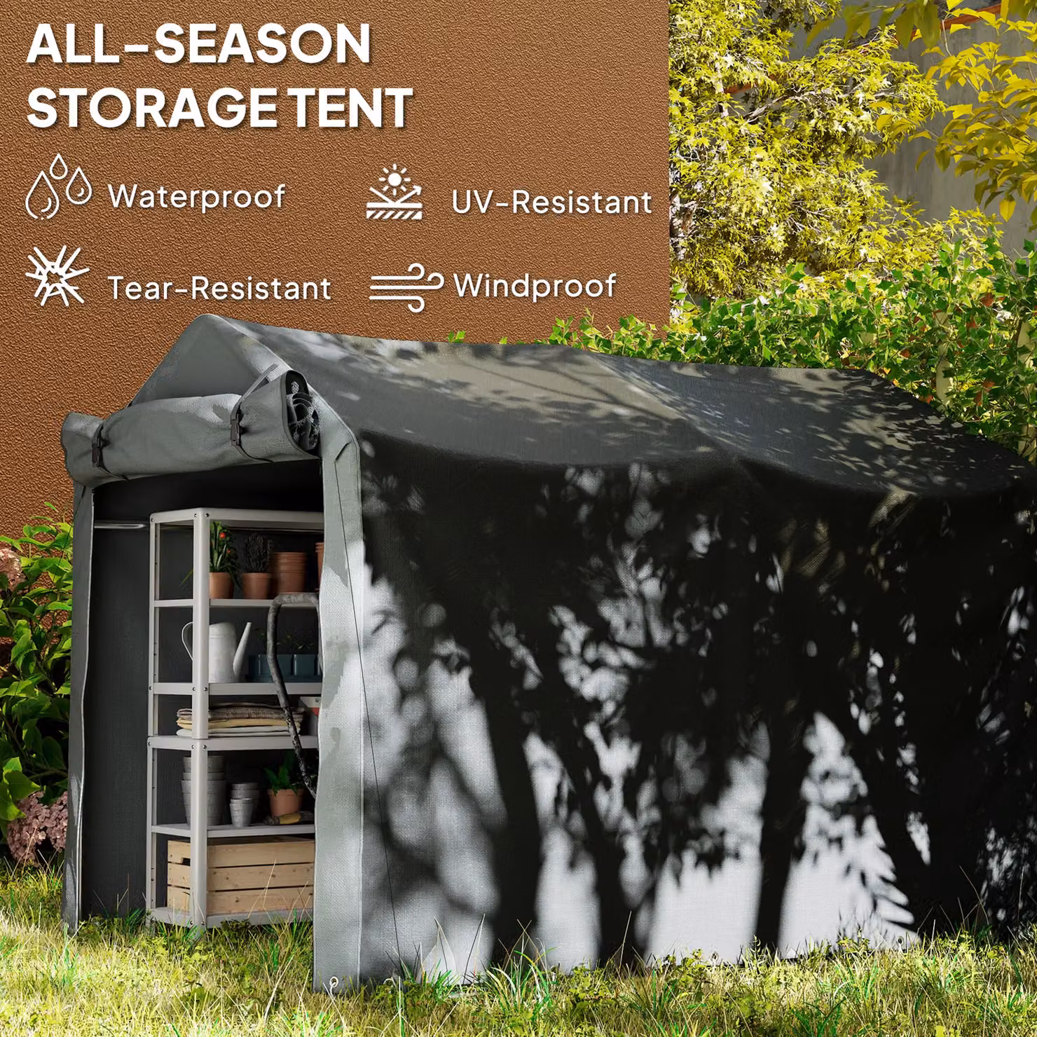 OUTSUNNY Garden Tool Storage Shed with Roll-up Zipper Door, Dark Grey, W/D/H: 220 x 157 x 165 cm – 4
