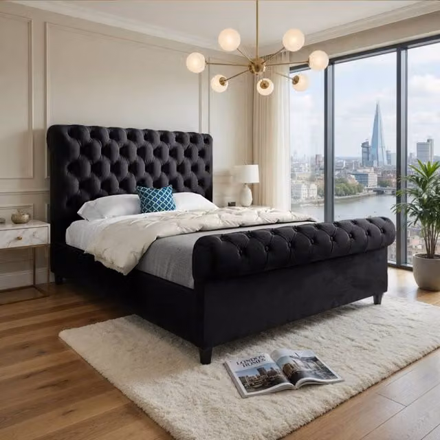 Casani Stopham Sleigh Upholstered Designer Bed Frame in Black Soft Velvet, Super King (200 x 200 cm) – 1