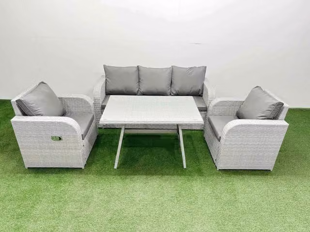 Fimous 3 Seat Reclining Garden Furniture Set in Light Grey with Upholstered Cushions and Coffee Table