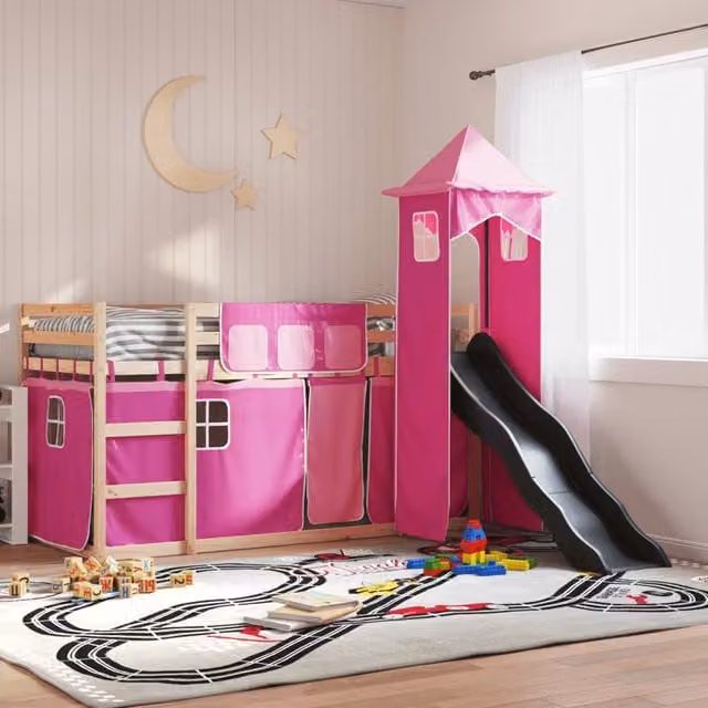 Berkfield Home Pink Solid Wood Childrens Bunk Bed with Slide and Curtains W: 80 cm, L: 200 cm