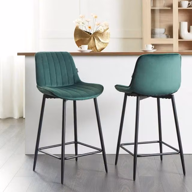 Wyld and Coco Set of 2 Emerald Green Velvet Armless Bar Stools with Matte Black Steel Legs