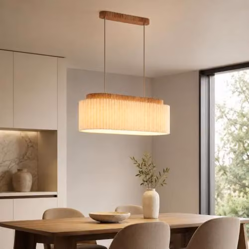 Globo Lighting Jannie Bar Pendant Ceiling Light in Brown and Beige with Wood and Fabric Shade, Height Adjustable, 3x E27 – 3