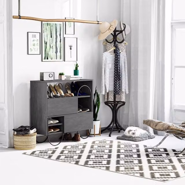 FWStyle Modern 2 Door Grey Oak Shoe Storage Cabinet and Sideboard for Hallway