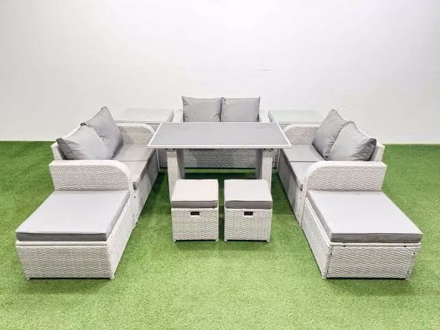 Fimous 10 Seater Patio Garden Furniture Set with 4 Stools in Light Grey and Black