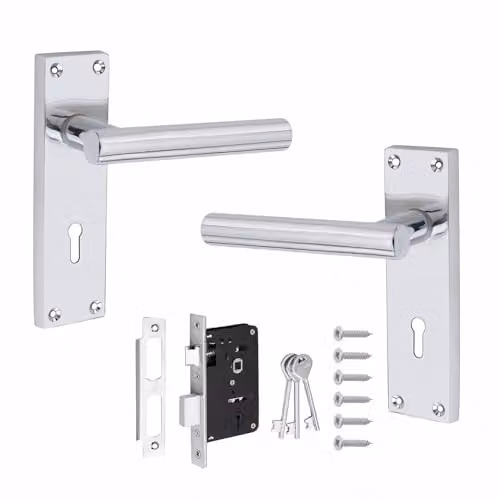 Golden Grace Straight T-Bar Door Handles with Key Lock Set in Polished Chrome and Silver Zinc – 1