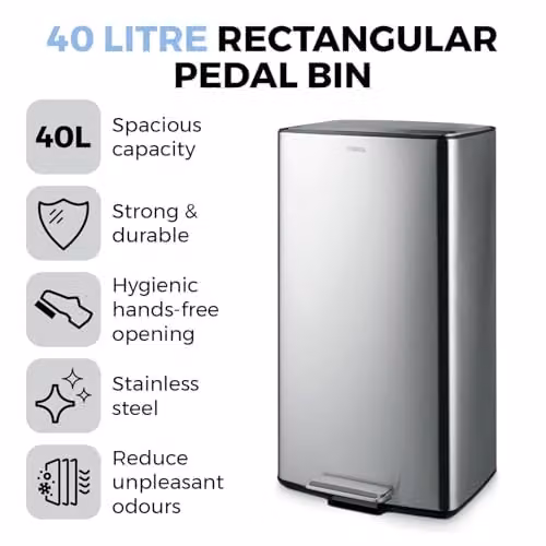 Tower 40L Rectangular Stainless Steel Pedal Bin in Silver with Removable Inner Bucket and Odour Filter – 4