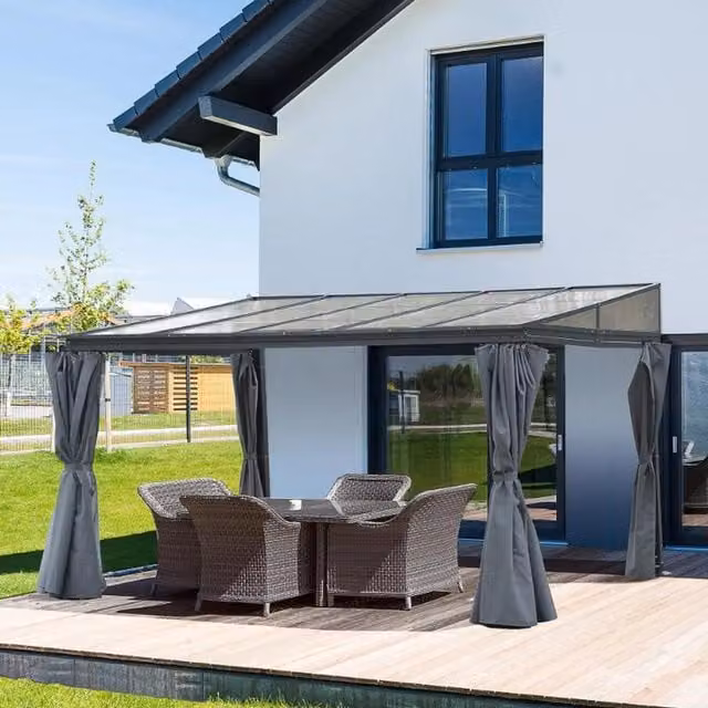 Chilli Seating Grey Aluminium Lean-to Hardtop Gazebo with Curtains, W: 4 m, D: 3 m