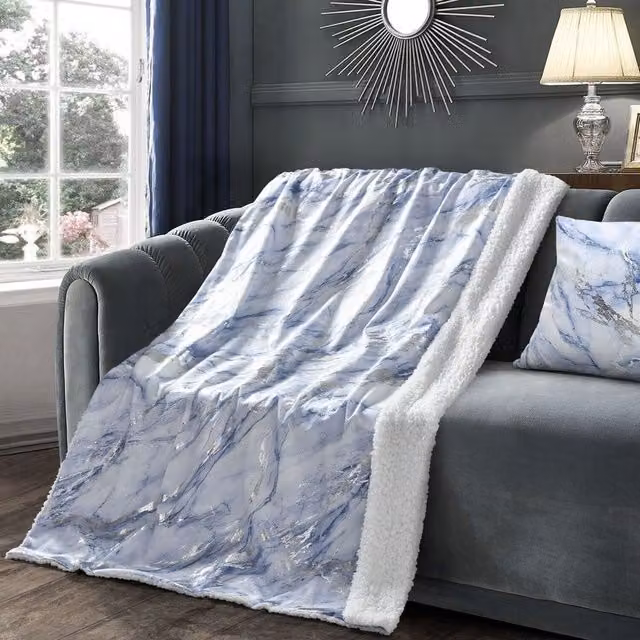 Velosso Blue Marble Print Sherpa Backed Throw Blanket, W/D/H: 100 x 150 cm