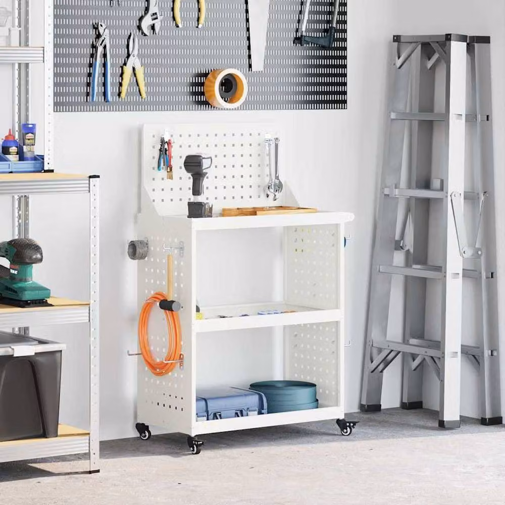 Berkfield White Steel Tool Trolley with Shelf and Wheels – 2