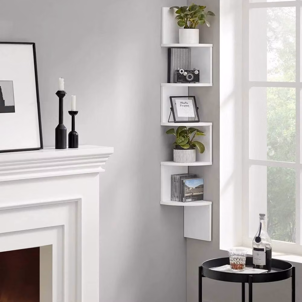EONLION 5 Tier White Wooden Wall Mounted Floating Corner Shelves W/D/H: 50 x 50 x 122 cm – 2