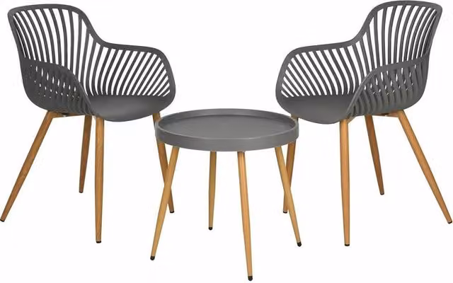 KORVIXA 3-Piece Grey Garden Bistro Set with Steel and Wood-Effect Legs