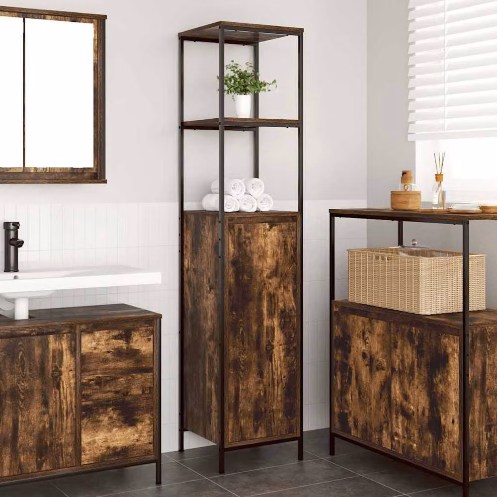 Berkfield Home Bathroom Cabinet with Shelves and Hinged Doors in Smoked Oak Brown, W/D/H: 36 x 35 x 165 cm – 2