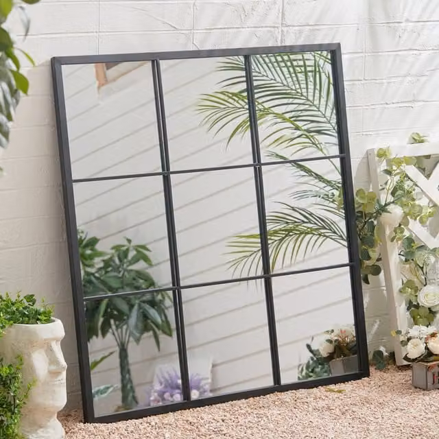 Livingandhome Square Glass Wall Mirror with Black Metal Window Grid Frame