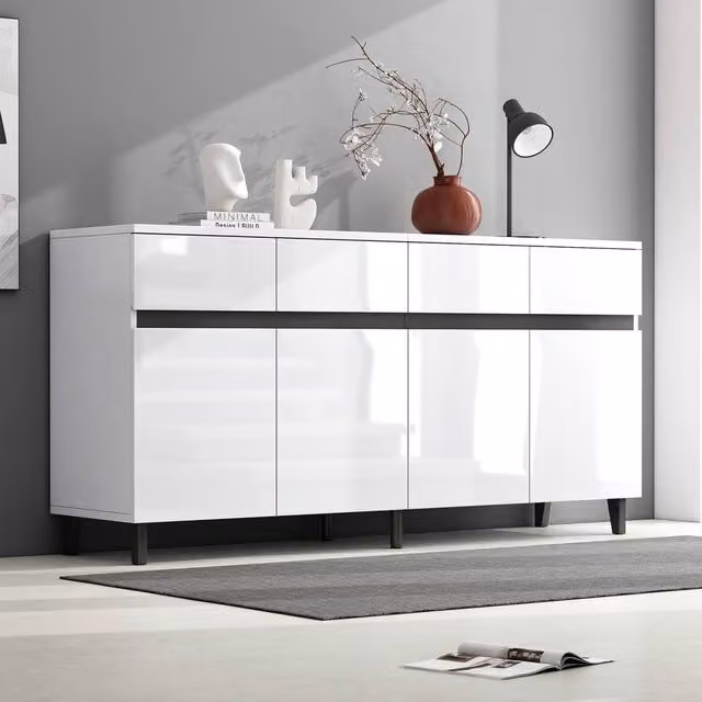 Merax Modern Glossy White Sideboard Buffet Cabinet with 4 Drawers and 4 Doors, W/D/H: 120 x 40 x 68 cm