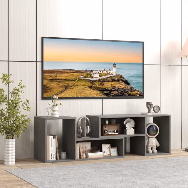 Set of 2 COSTWAY Modern Grey Matt Console TV Stands with Media Compartments and Back Panels