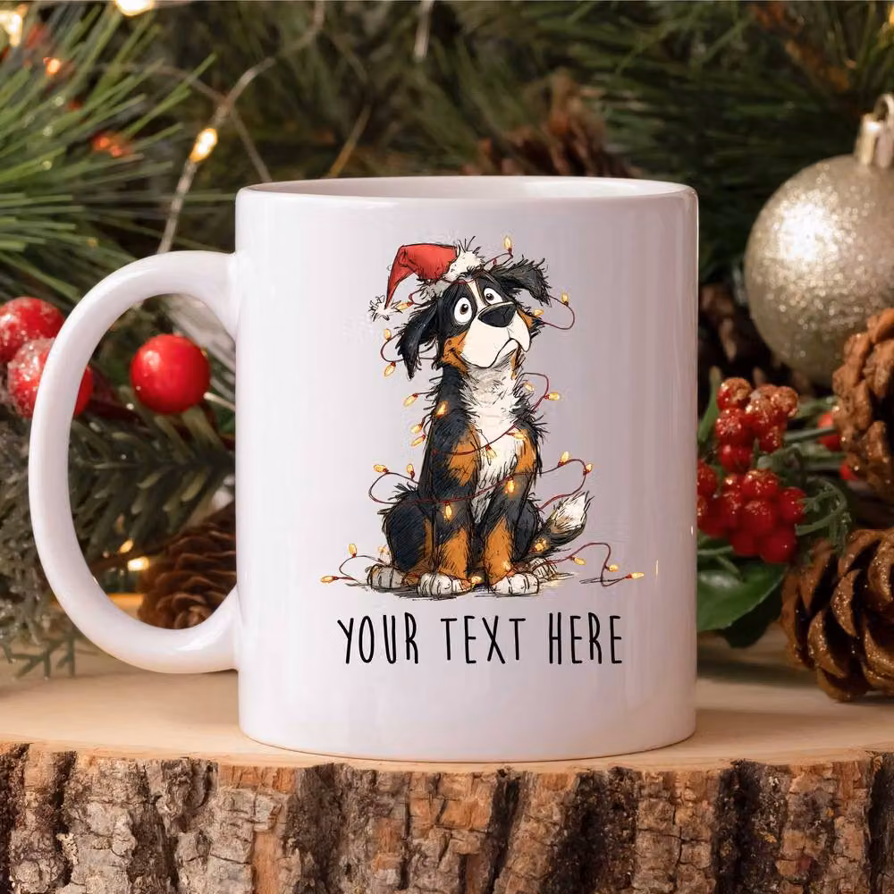 60 SECOND MAKEOVER Personalised Bernese Mountain Dog Christmas Lights Santa Hat Ceramic Mug in White – 2