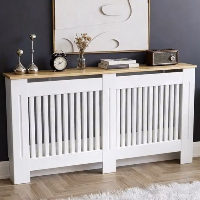 Hinsinc Vertical L-Shaped Wooden Radiator Cover Cabinet in White, W/D/H: 152 x 20 x 83 cm