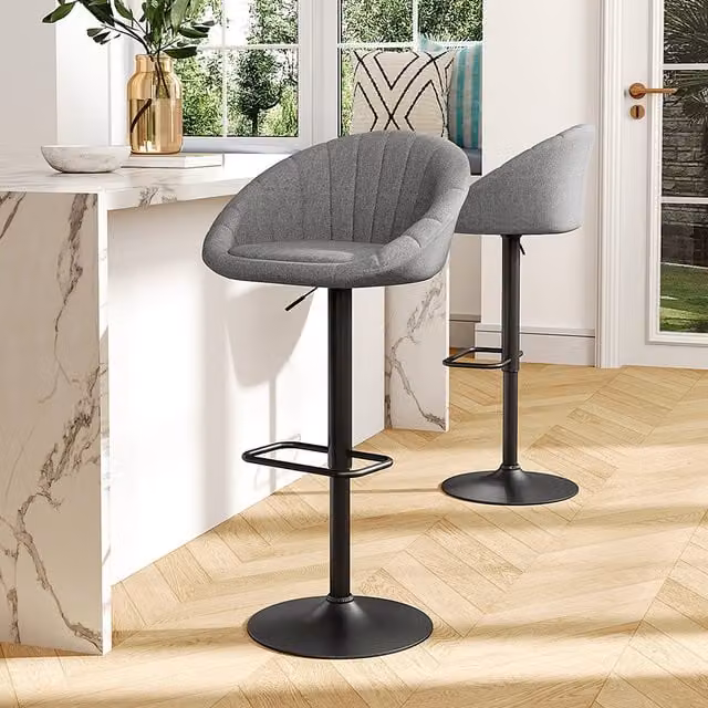 Livingandhome Set of 2 Modern Grey Fabric Swivel Breakfast Bar Stools with Metal Base