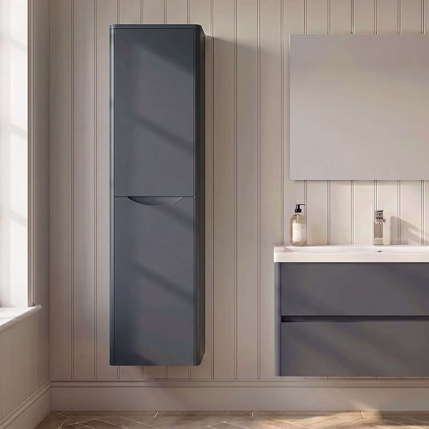 Balterley Wall Hung Tall Bathroom Unit with 2 Soft Close Doors in Matt Dark Grey, W: 40 cm, H: 137.4 cm – 4