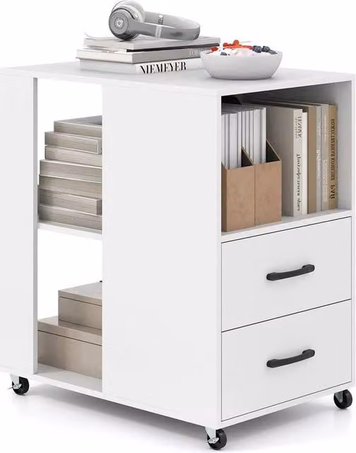 Kelvenix White Metal Rolling End Side Table and Nightstand with Castors