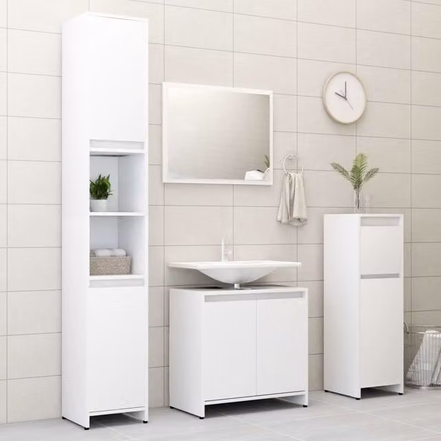 Berkfield Home 4 Piece White MDF Bathroom Furniture Set with Tall Cabinet, Wall Cabinet, Vanity Unit and Mirror Cabinet