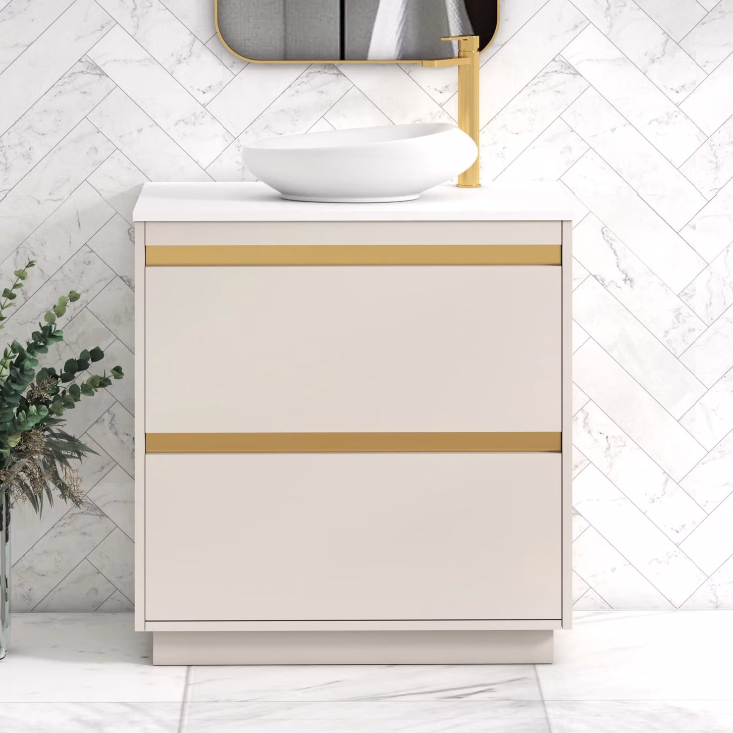 Royal Bathrooms Orion 800mm Warm Taupe Floor Standing 2 Drawer Vanity Unit with Nova Basin and Brushed Brass Accent Trim