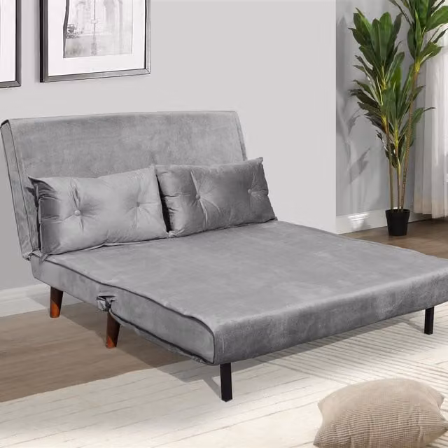 Kosy Koala Grey Velvet 2 Seater Foldable Sofa Bed with Sleeping Function, W/D/H: 120 x 190 cm