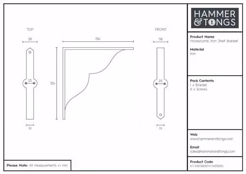 Hammer and Tongs Honeycomb Iron Wall Mounted Shelf Bracket in Grey and Black, Depth: 15.5 cm – 3
