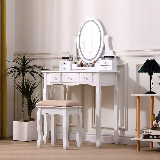 Komore Modern White Makeup Vanity Desk with Mirror and Stool, Width: 135 cm