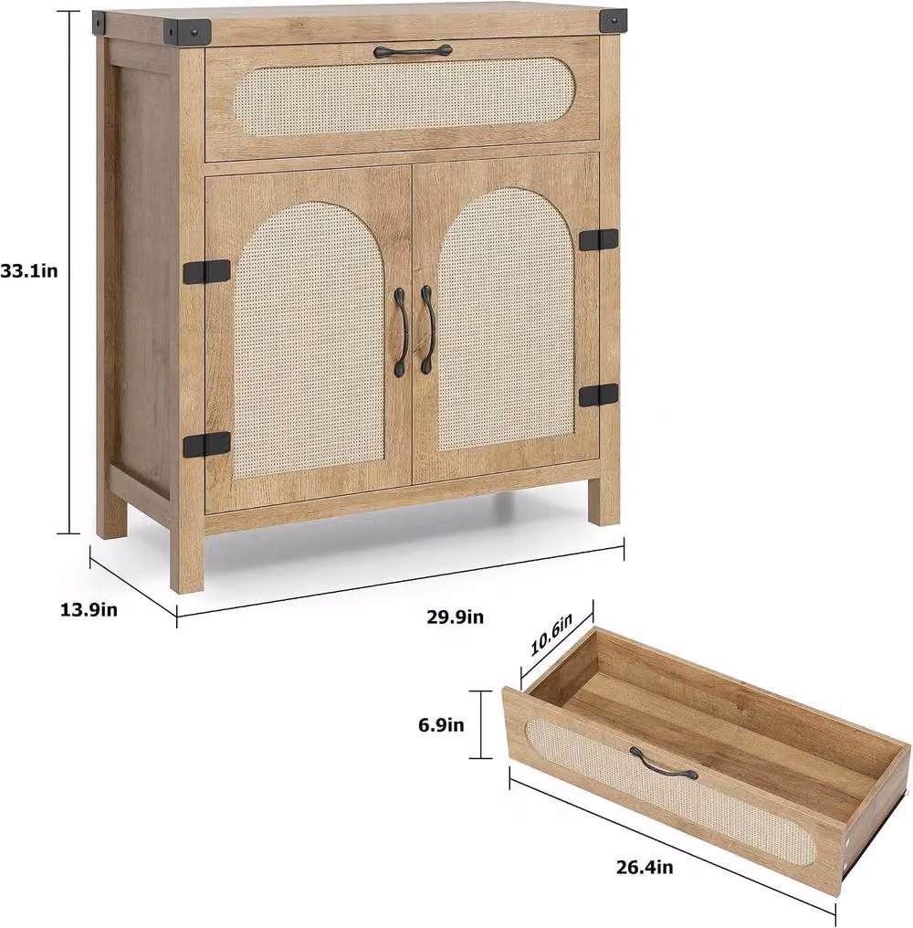 London Boutique Boho Sideboard Storage Cabinet and Buffet Bar in Beige with Rattan and Wood Details – 3