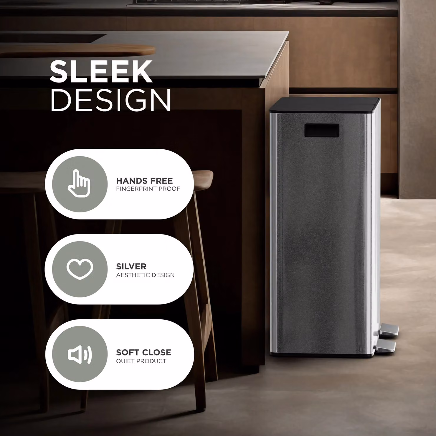 DMD Collective 60L Stainless Steel Double Kitchen Waste and Recycling Bin with Soft Close and Fingerprint Proof Finish in Silver – 5