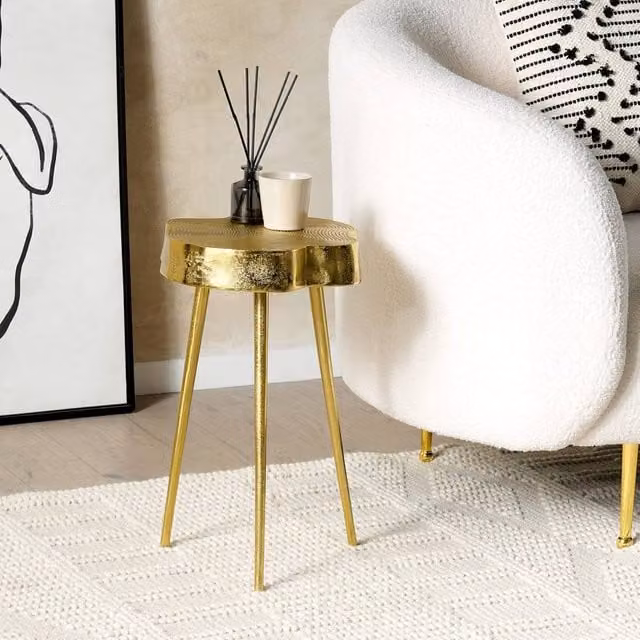 Wyld and Coco Gold Metal Side Table with Gloss Wood Effect Top, W/D/H: 50 x 50 x 30 cm