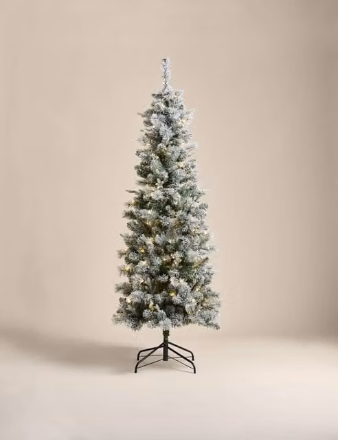 M&S 6ft Pre-Lit Slim Snowy Monterey Scots Pine Christmas Tree in White and Green with Warm White Lights