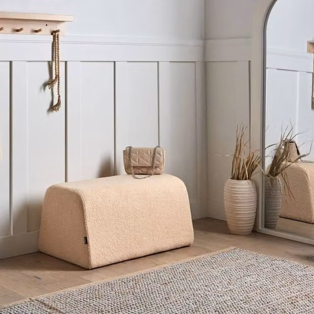 Wyld and Coco Beige Bouclé Rectangular Pouffe with Wood Frame, W/D/H: 49 x 49 x 40 cm – 1