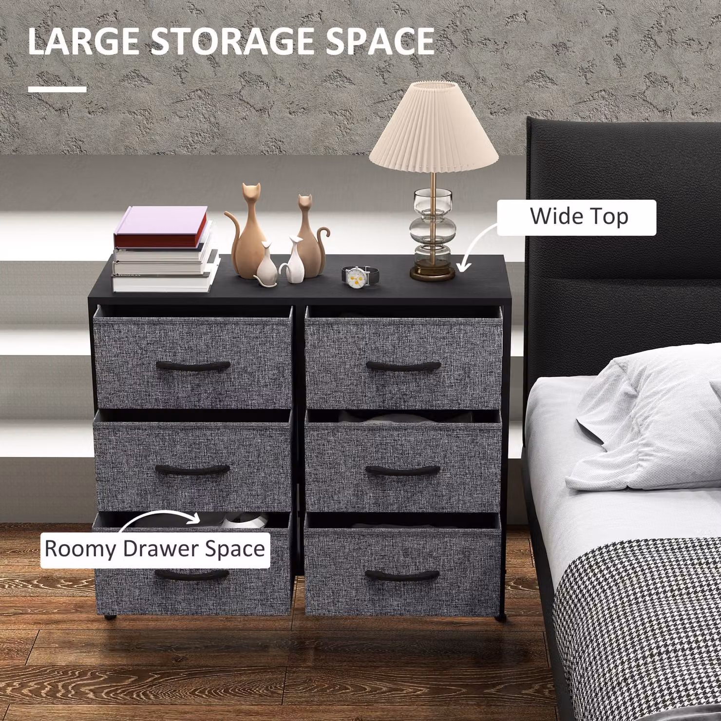 HOMCOM Industrial Fabric Chest of Drawers with 6 Drawers, Steel Frame and Wooden Top, Black/Grey, W/D/H: 62.5 x 80.0 x 1.0 cm – 4