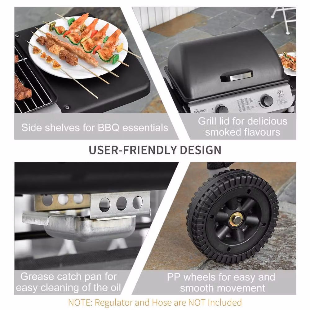 Rolipo 2 Burner Gas BBQ Trolley with Wheels, 5.6kW, Black and Silver – 5