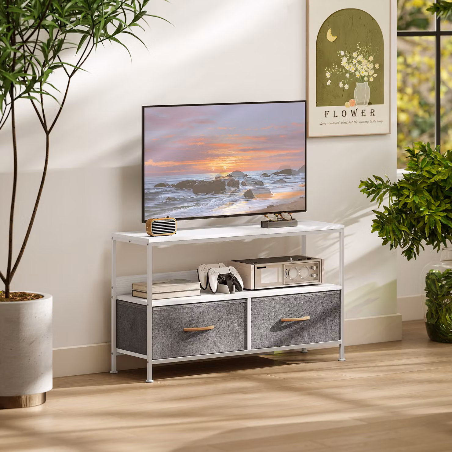 HOMCOM Modern White TV Stand Cabinet with 2 Foldable Drawers – 2