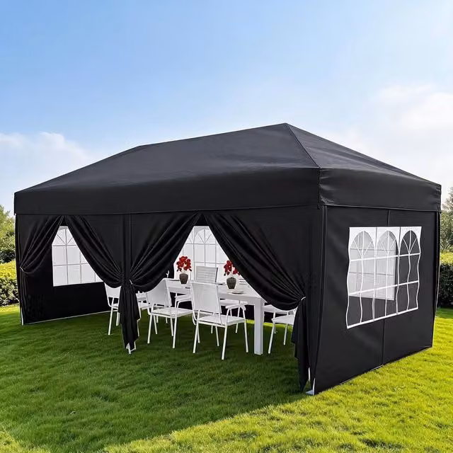 London Boutique Heavy Duty Pop Up Gazebo with 6 Sidewalls, Black and Transparent, W/D/H: 600 x 300 x 240 cm, UPF 50+ – 1