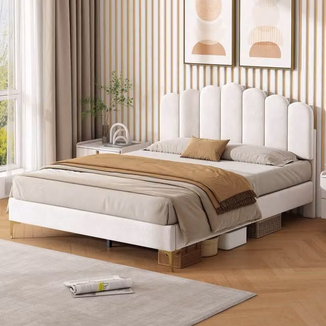 Rolipo Double Velvet Upholstered Bed Frame in Beige with Adjustable Headboard, W/D/H: 140 x 200 cm