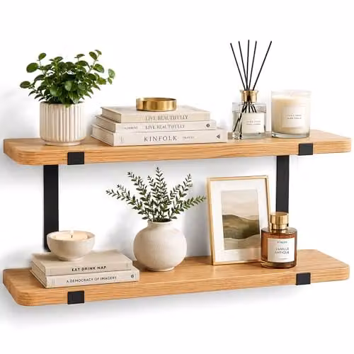 Innoteck 2 Tier Floating Wall Mounted Shelves in Oak Effect with Black Metal Brackets, Width: 60 cm – 1