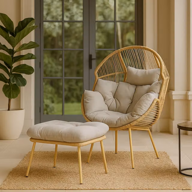 Homerepublic Boho Rattan Egg Chair with Stool in Beige and Yellow