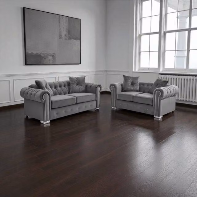 Snug Furniture Birmingham Ltd Roma Grey Fabric Chesterfield 3+2 Sofa Set