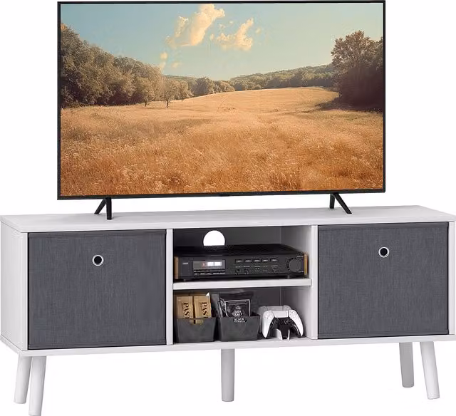 HOMCOM Modern TV Cabinet and Stand for TVs up to 50 Inches with Storage Compartments and Drawer, White and Grey