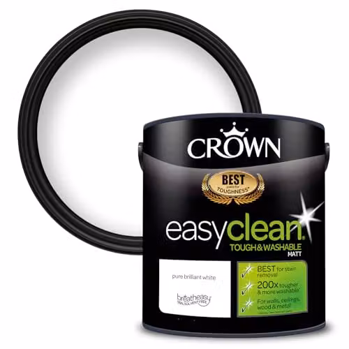 Crown EASYCLEAN Matt Emulsion Wall Paint, White, 2.5L – 1