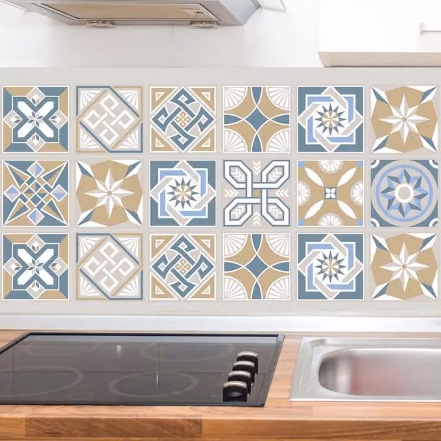 Walplus Adhesive Geometric Square Wall Tile Stickers, Multicoloured and Grey, 15 x 15 cm, 24 Pack